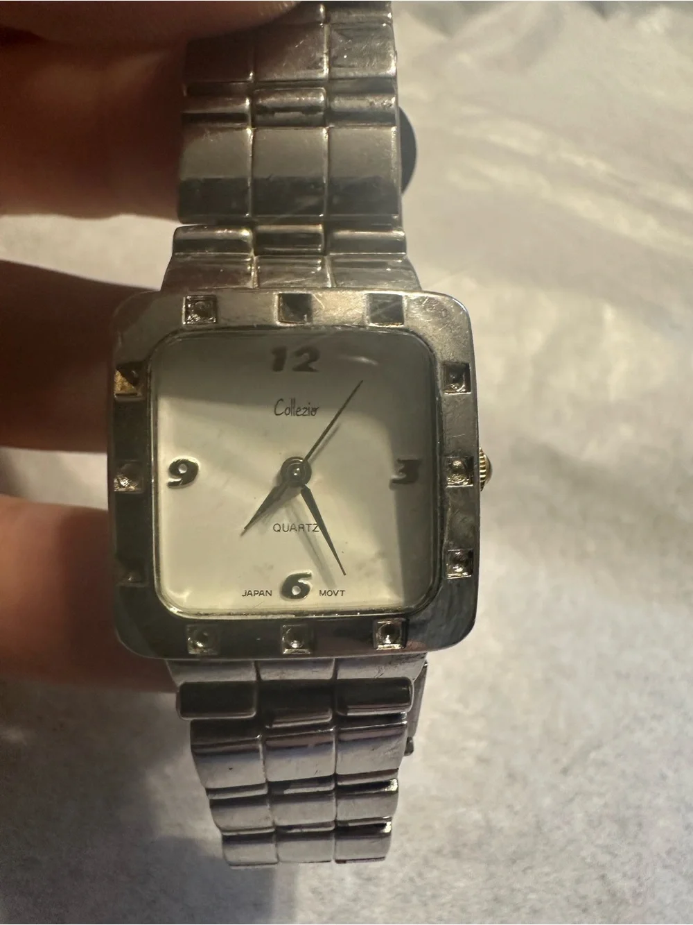 Collezio Silver-Tone Square Quartz Watch | Crystal Accent Bezel | Japan Movement